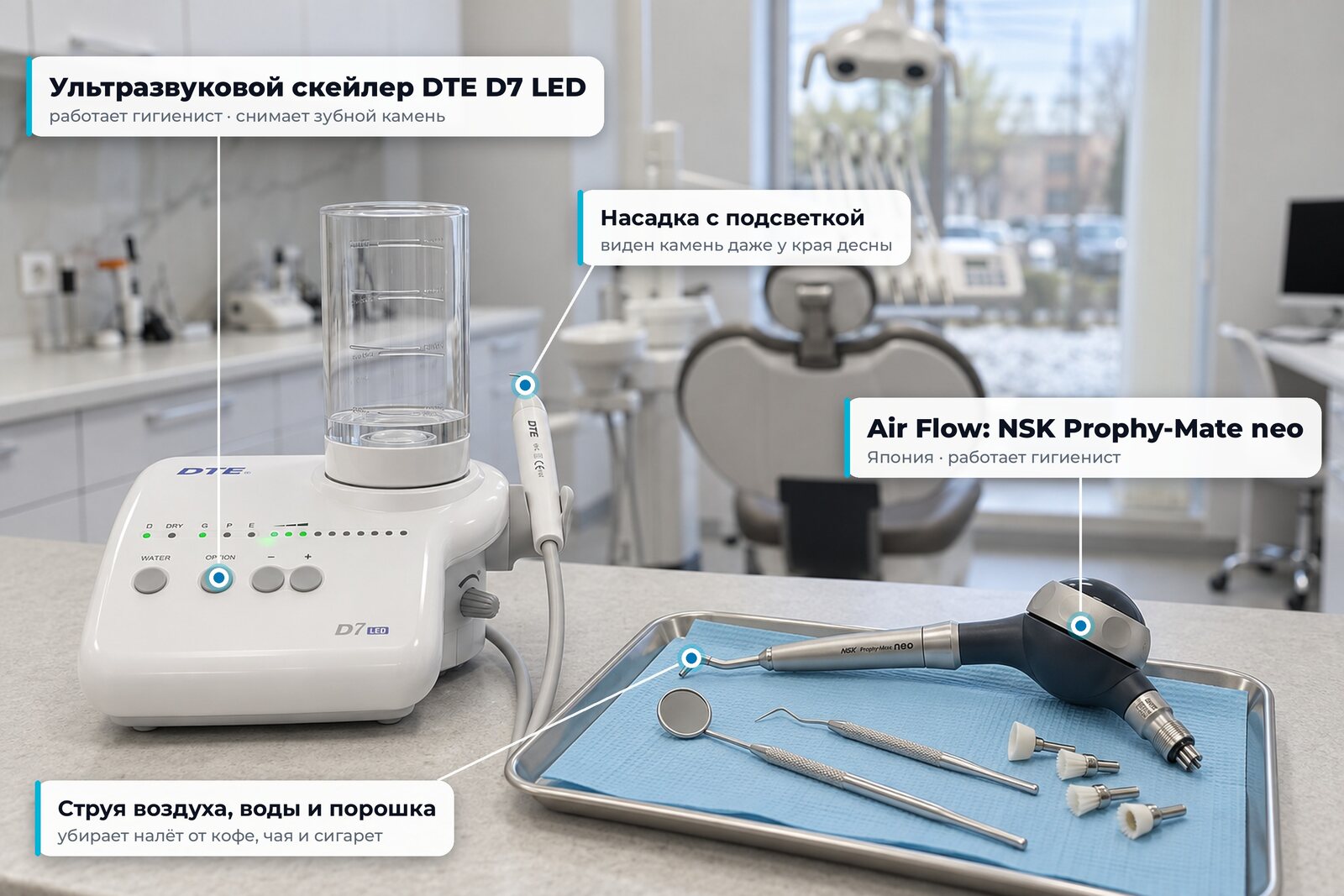 Ультразвуковой скейлер DTE D7 LED и система Air Flow NSK Prophy-Mate neo на рабочем месте гигиениста клиники